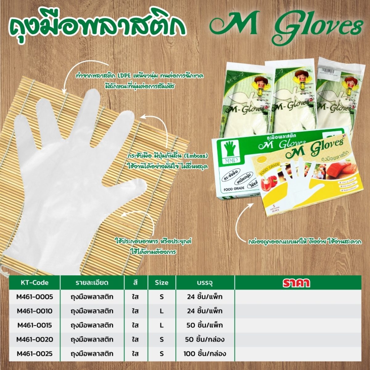 ถุงมือพลาสติก สีใส Size S เอ็ม โกลฟ (M GLOVES) ถุงมืออนามัยทำจากพลาสติกคุณภาพสูง เหนียวนุ่ม ไม่ขาดง่าย ใช้ในการประกอบอาหาร หรือประยุกต์ใช้ได