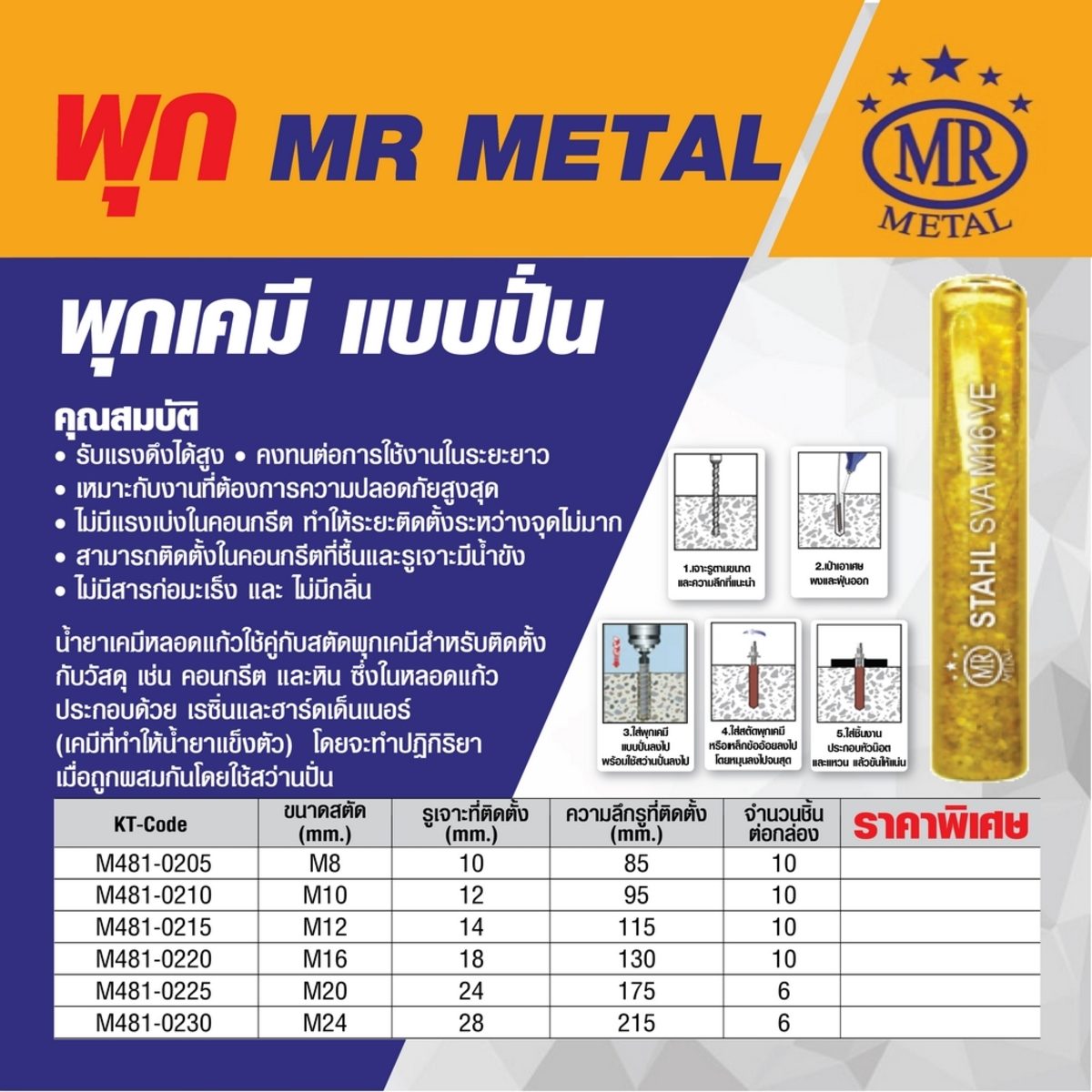 MR METAL พุกเคมีแบบปั่น M16 STAHL-SERIES รุ่น SVA-VE-16 (10 ชิ้น/กล่อง) น้ำยาเคมีหลอดแก้วใช้คู่กับสตัดพุกเคมี รับแรงดึงได้สูง ไม่มีสารก่อมะเ