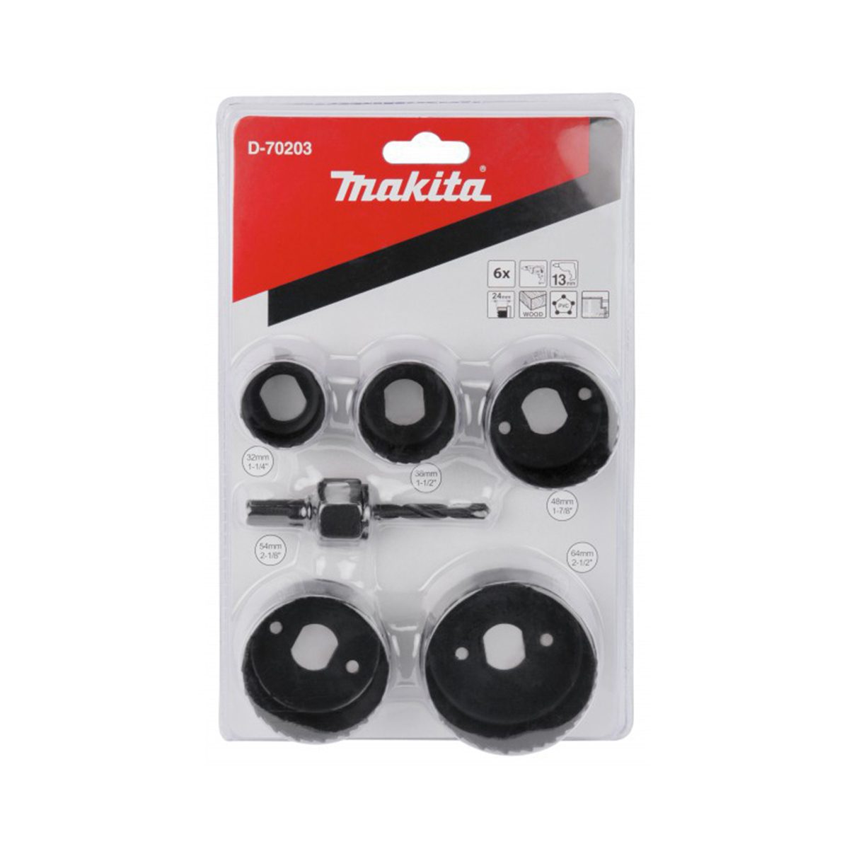 ชุด Hole Saw รุ่น D-70203 จำนวน 6 ชิ้น ขนาด 32,38,48,54,64 มม. พร้อมแกน