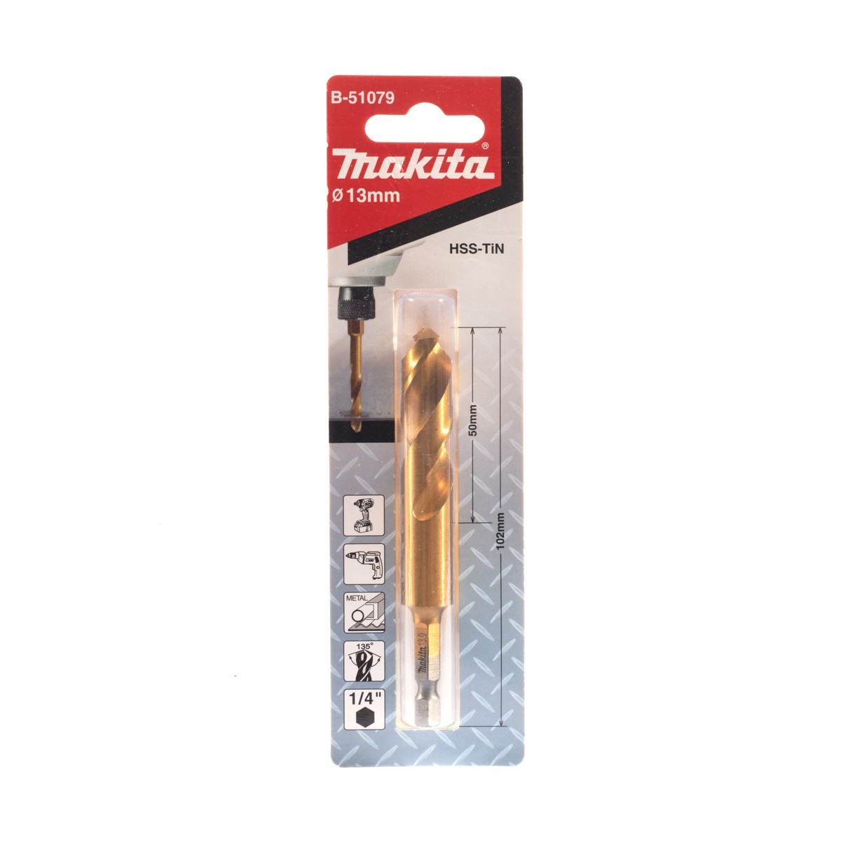 MAKITA ดอกเจาะเหล็กก้านหกเหลี่ยม 13 มม. รุ่น B-51079 ความยาว 102 มม. ความยาวในการใช้งาน 50 มม. ขนาดก้าน 1/4 นิ้ว (มากีต้า)
