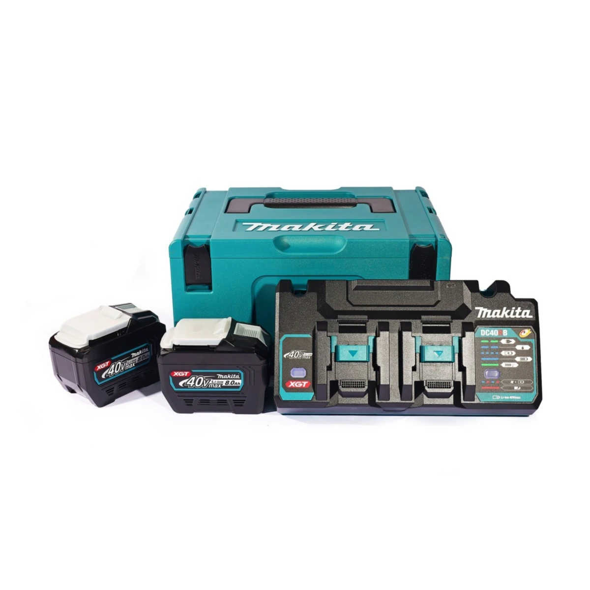 MAKITA ชุดแบตเตอรี่และแท่นชาร์จ 40 โวลต์ รุ่น MP1910A6-7 ประกอบด้วย แบตเตอรี่ BL4080F (8 แอมป์ ) 2 ชิ้น + แท่นชาร์จคู่ DC40RB + กล่องเครื่อง