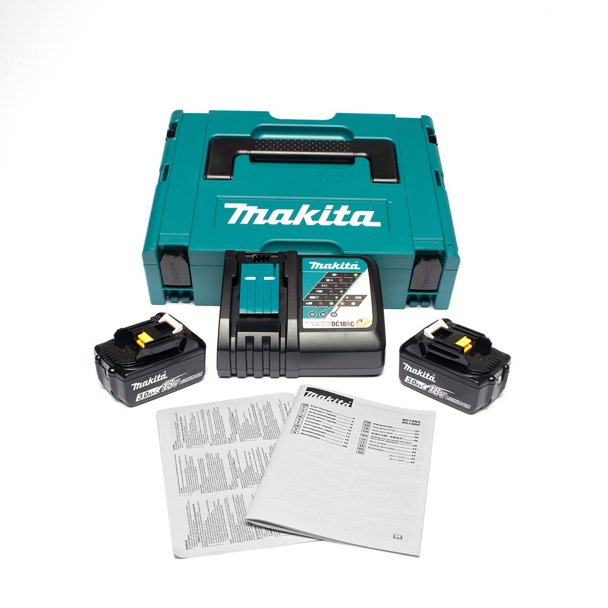 MAKITA ชุดแบตเตอรี่และแท่นชาร์จ 18 โวลต์ รุ่น MKP1RF182 ประกอบด้วย แบตเตอรี่ BL1830B (3 แอมป์) 2 ชิ้น + แท่นชาร์จเร็ว DC18RC + กล่องเครื่องม