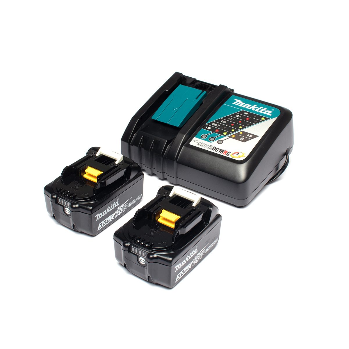 MAKITA ชุดแบตเตอรี่และแท่นชาร์จ 18 โวลต์ รุ่น MKP1RF182 ประกอบด้วย แบตเตอรี่ BL1830B (3 แอมป์) 2 ชิ้น + แท่นชาร์จเร็ว DC18RC + กล่องเครื่องม