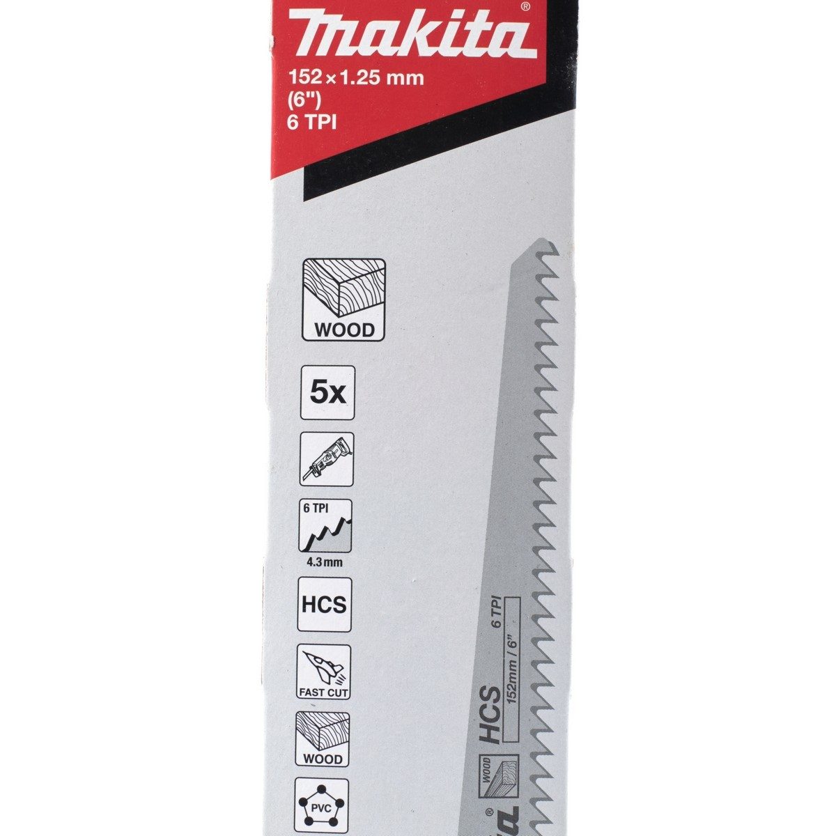 MAKITA ใบเลื่อยชัก HCS ตัดไม้ (B-16798) ขนาด 152 มม. 6 ฟัน ใช้กับเครื่องเลื่อยชัก รุ่น JR3051TK, JR3070CT, DJR187Z และ DJR188Z บรรจุ 5 ใบ/แพ