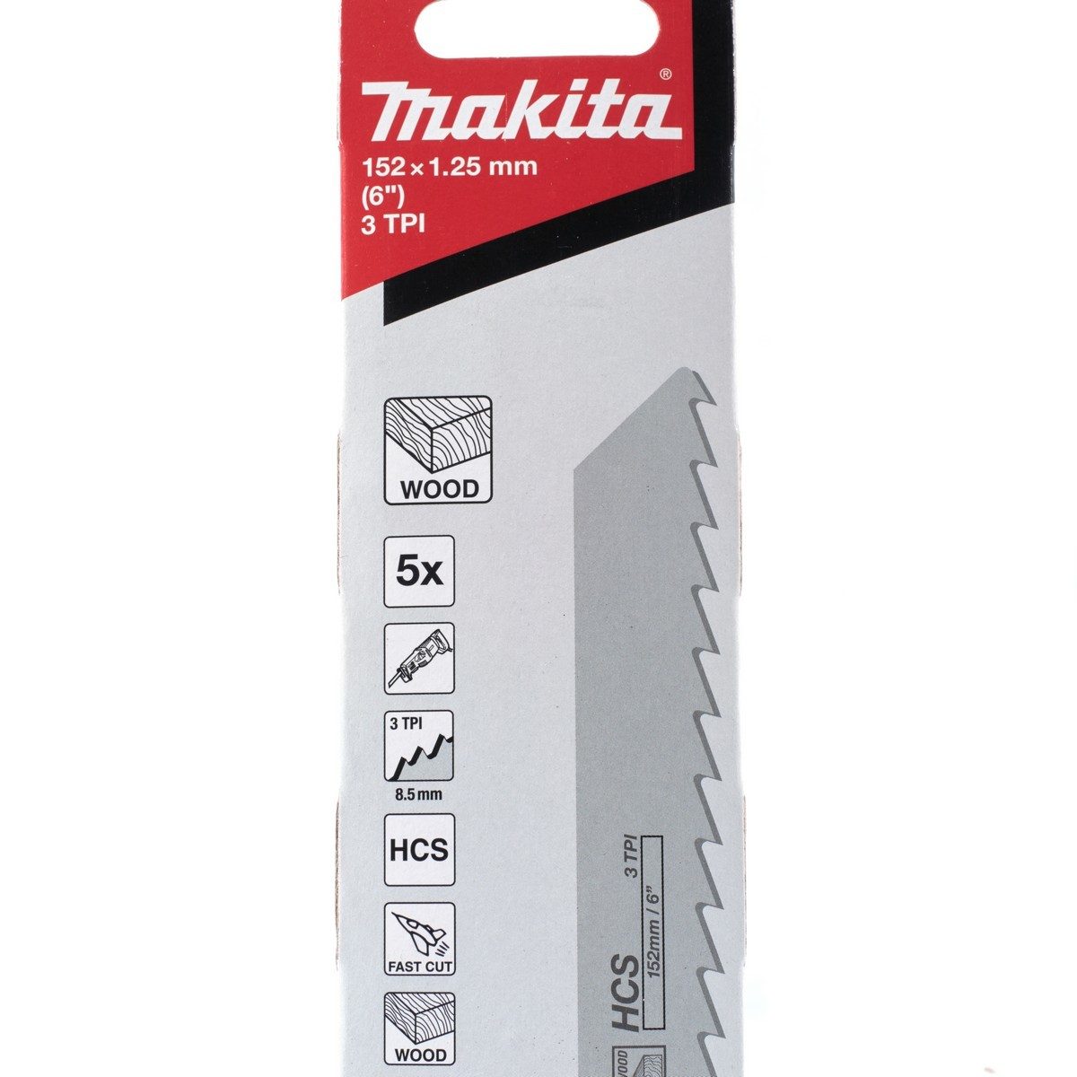 MAKITA ใบเลื่อยชัก HCS ตัดไม้ (B-16813) ขนาด 152 มม. 3 ฟัน ใช้กับเครื่องเลื่อยชัก รุ่น JR3051TK, JR3070CT, DJR187Z และ DJR188Z บรรจุ 5 ใบ/แพ