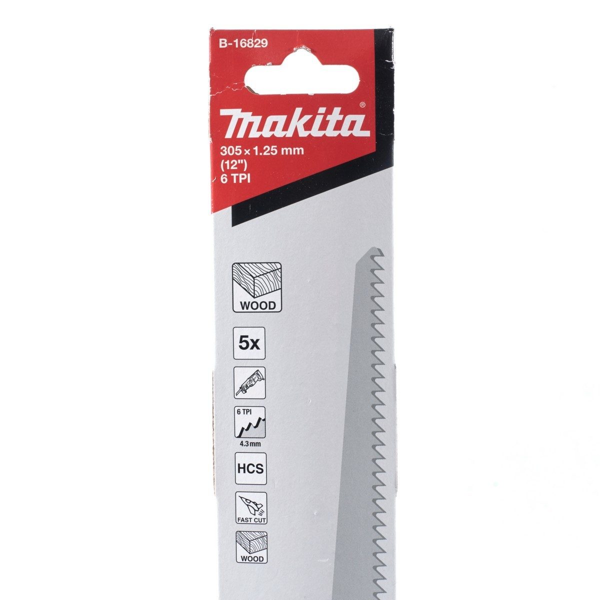 MAKITA ใบเลื่อยชัก HCS ตัดไม้ (B-16829) ขนาด 305 มม. 6 ฟัน ใช้กับเครื่องเลื่อยชัก รุ่น JR3051TK, JR3070CT, DJR187Z และ DJR188Z บรรจุ 5 ใบ/แพ