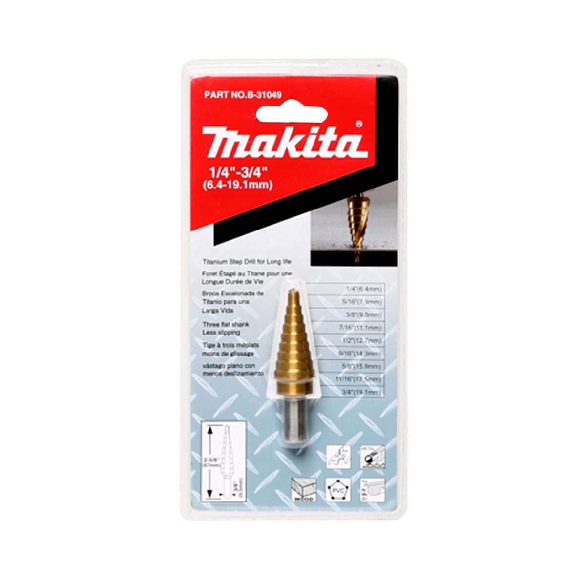 ดอก STEP DRILL 1/4" - 3/4" ร่องตรงTI-N