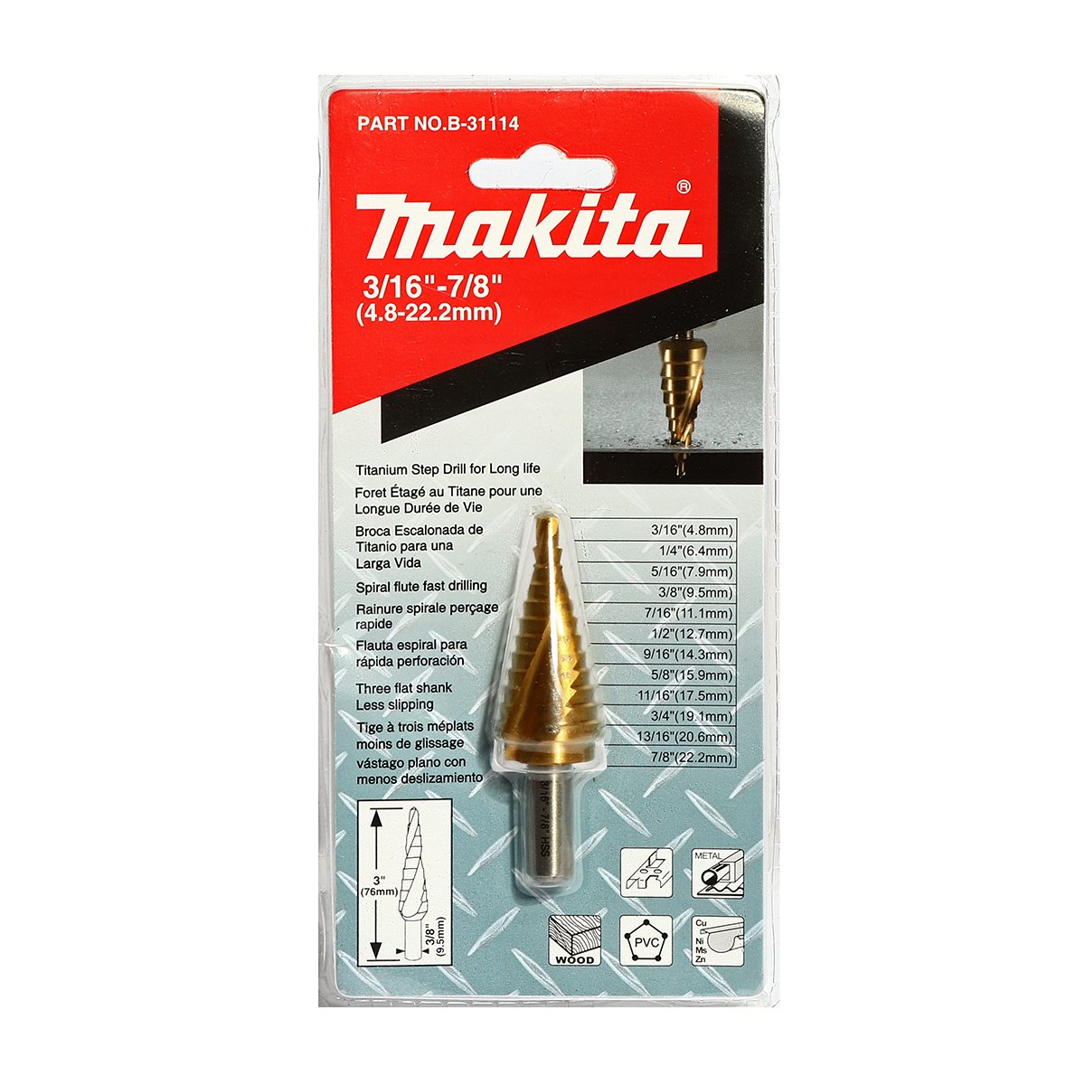 ดอก STEP DRILL 3/16"-7/8" ร่องเกลียวTI-N
