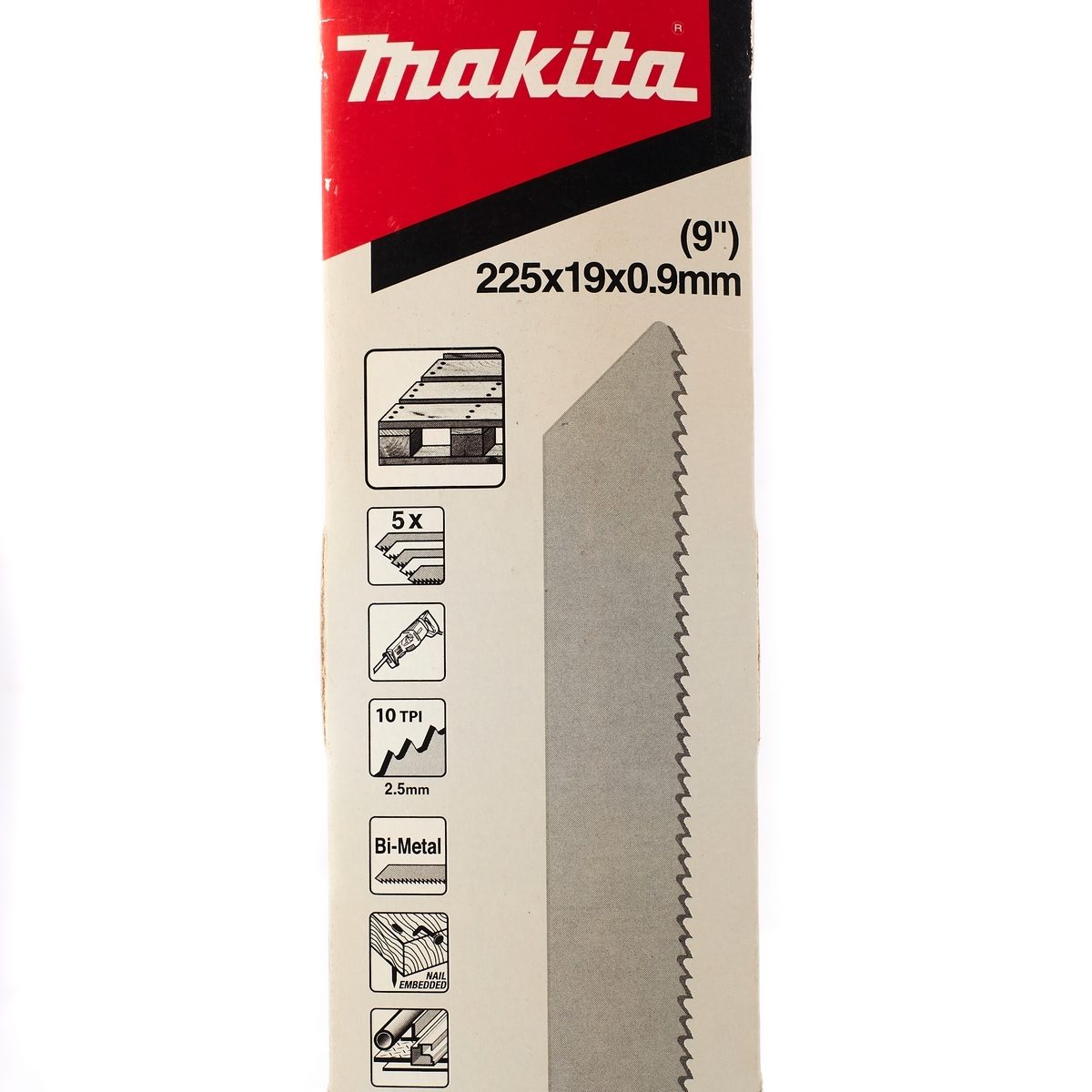 MAKITA ใบเลื่อยชัก 10 ฟัน 225 มม. Bi-Metal รุ่น B-31859 ความหนา 0.9 มม. สำหรับตัดไม้ ไม้มีตะปู โลหะ  (มากีต้า)