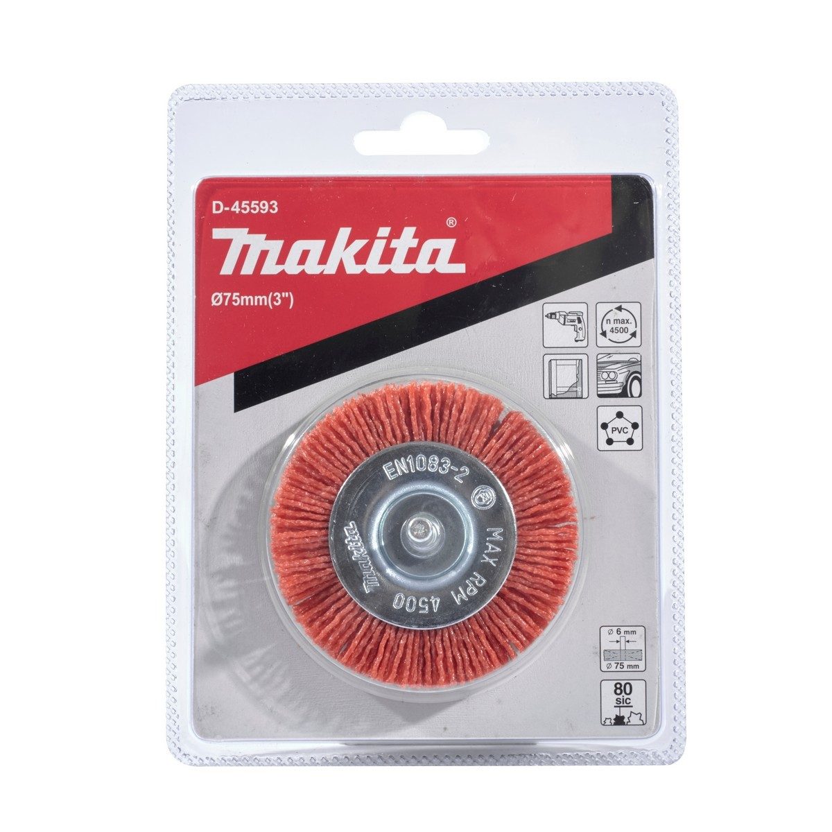 MAKITA ล้อแปรงไนลอน-หยาบ (สีส้ม) #80 ขนาด 75 มม. ก้าน 6 มม. รุ่น D-45593 เหมาะสำหรับงานที่ใช้เฉพาะจุด กำจัดสนิมเล็กน้อยของวัสดุโลหะ ไม้ และ 