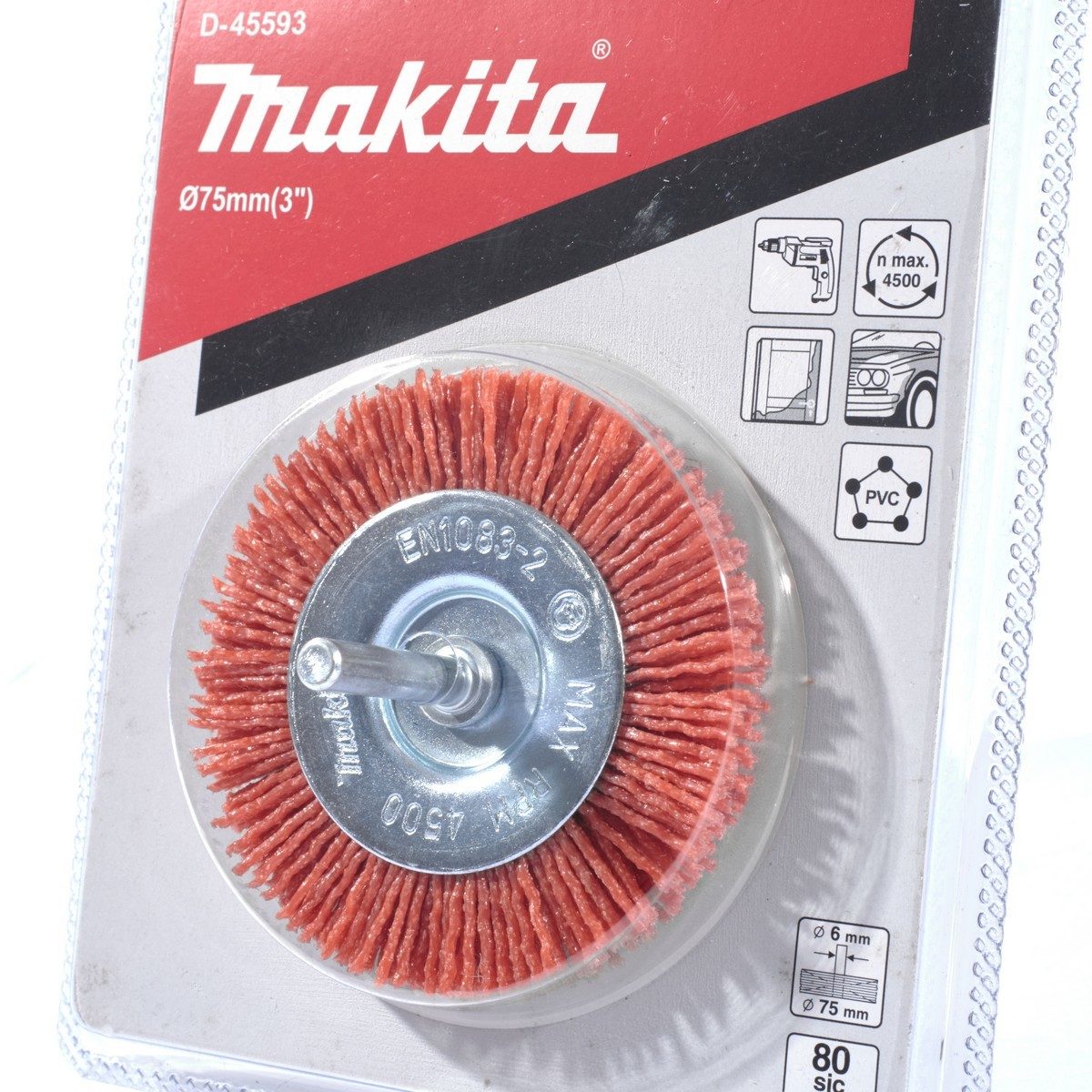 MAKITA ล้อแปรงไนลอน-หยาบ (สีส้ม) #80 ขนาด 75 มม. ก้าน 6 มม. รุ่น D-45593 เหมาะสำหรับงานที่ใช้เฉพาะจุด กำจัดสนิมเล็กน้อยของวัสดุโลหะ ไม้ และ 