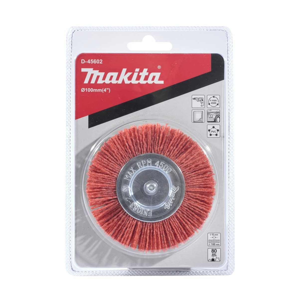 MAKITA ล้อแปรงไนลอน-หยาบ (สีส้ม) #240 ขนาด 100 มม. ก้าน 6 มม. รุ่น D-45602 เหมาะสำหรับงานที่ใช้เฉพาะจุด กำจัดสนิมเล็กน้อยของวัสดุโลหะ ไม้ แล