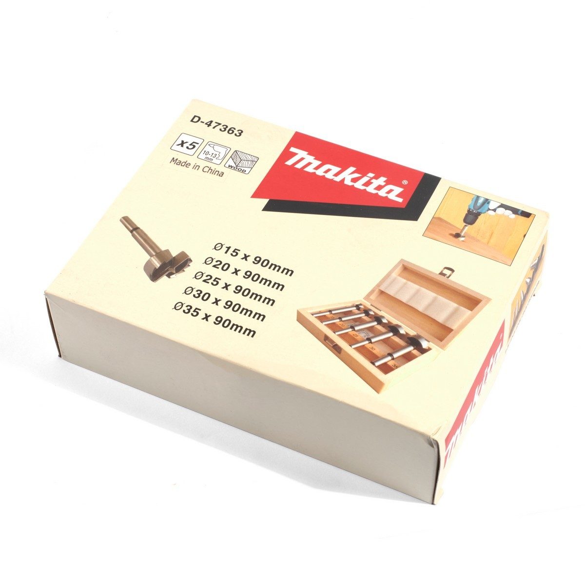 MAKITA ชุดดอกบานพับถ้วย (5 ชิ้น/ชุด) ในชุดประกอบด้วยขนาด 15 มม., 20 มม., 25 มม., 30 มม. และ 35 มม. (มากีต้า)