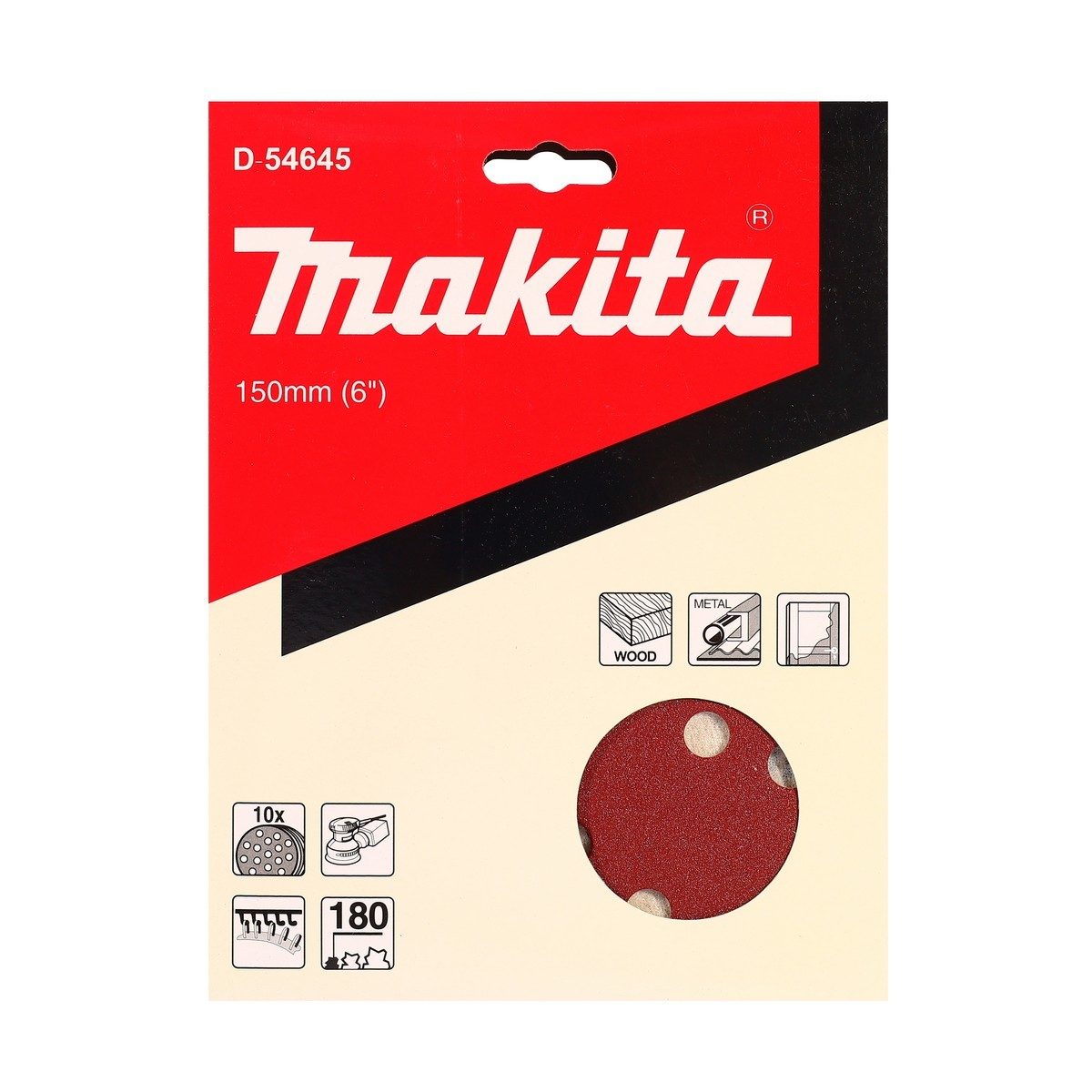 MAKITA กระดาษทรายกลม 6 นิ้ว (150 มม.) #180 รุ่น D-54645 15 รู Hook &amp; Loop สีน้ำตาล สำหรับขัดไม้, สี และโลหะ บรรจุ 10 ใบ/แพ็ค (มากีต้า)