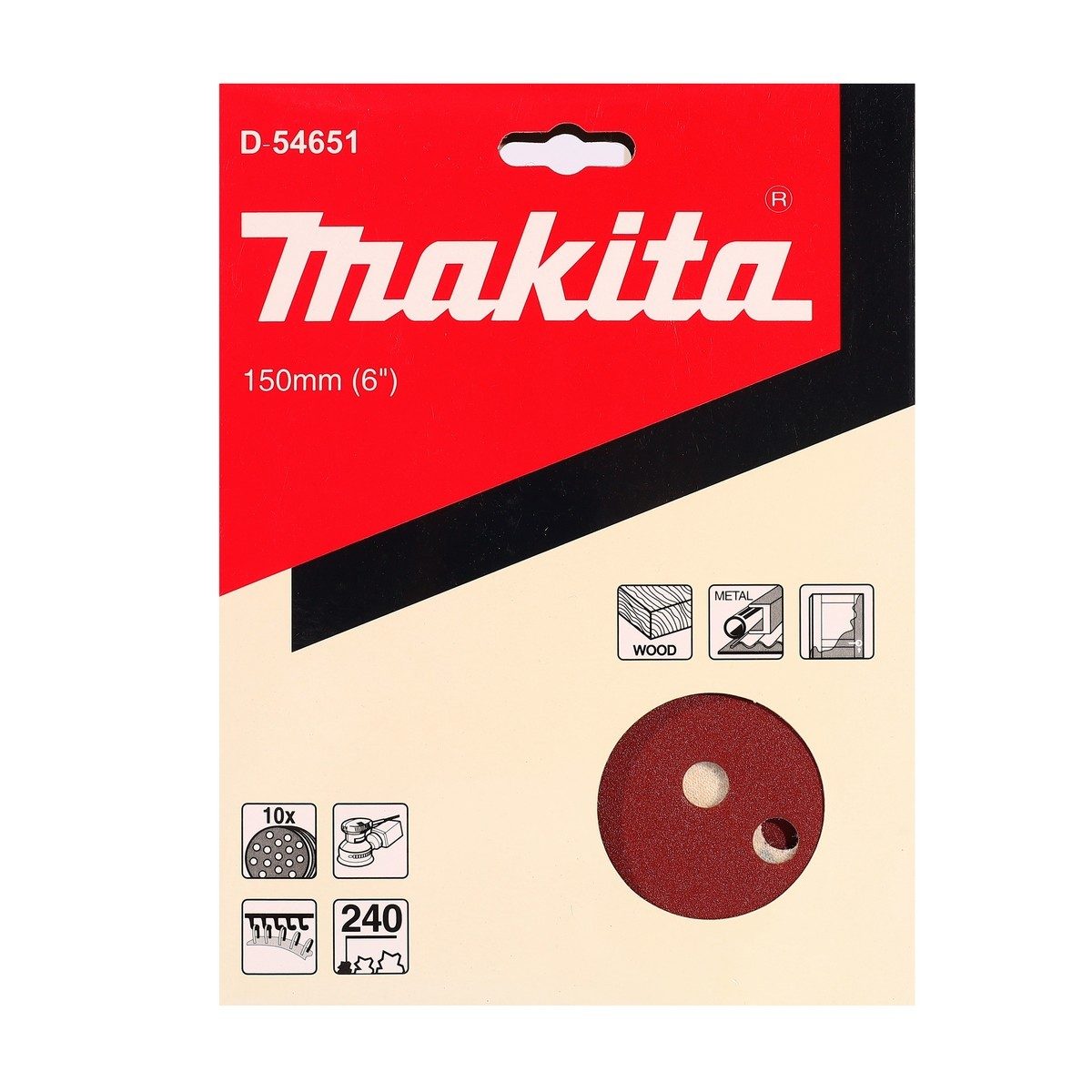 MAKITA กระดาษทรายกลม 6 นิ้ว (150 มม.) #240 รุ่น D-54651 15 รู Hook &amp; Loop สีน้ำตาล สำหรับขัดไม้, สี และโลหะ บรรจุ 10 ใบ/แพ็ค (มากีต้า)