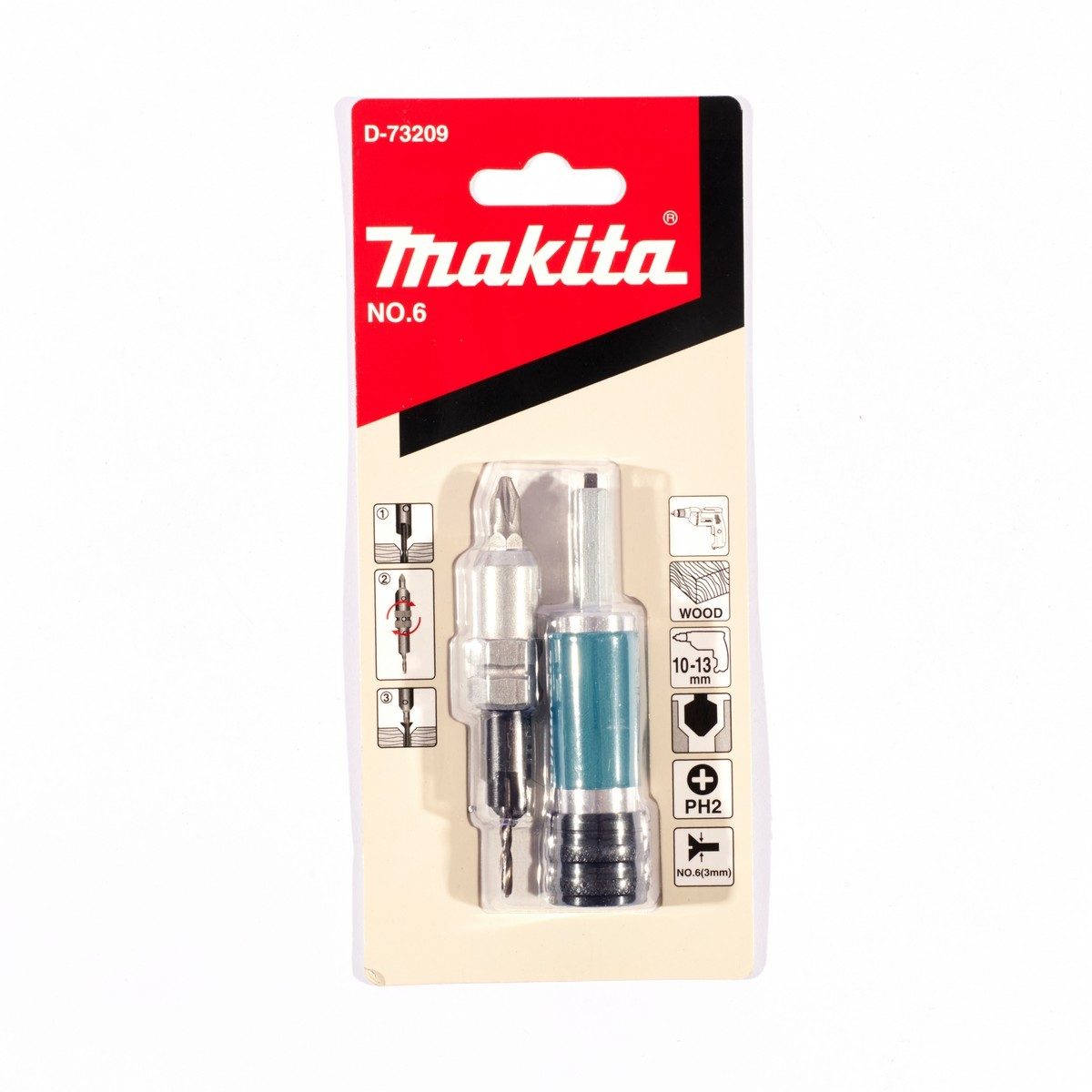 MAKITA ดอกไขควง + Countersink #6 (2 IN 1) รุ่น D-73209 ก้านหกเหลี่ยม 1/4 นิ้ว ดอก PH2 ใช้สำหรับเจาะไม้ (มากีต้า)