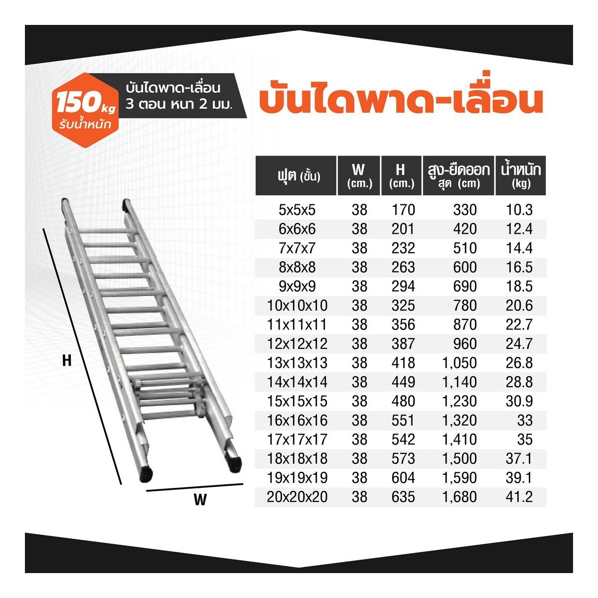 บันไดพาดเลื่อน 3 ตอน นิวค่อน (NEWCON) ขนาด 19X19X19 ฟุต ความหนา 2 มม. แข็งแรง ขั้นเหยียบมีรอยหยักกันลื่น ทนแดด ทนฝน ไม่เป็นสนิม รับน้ำหนักได