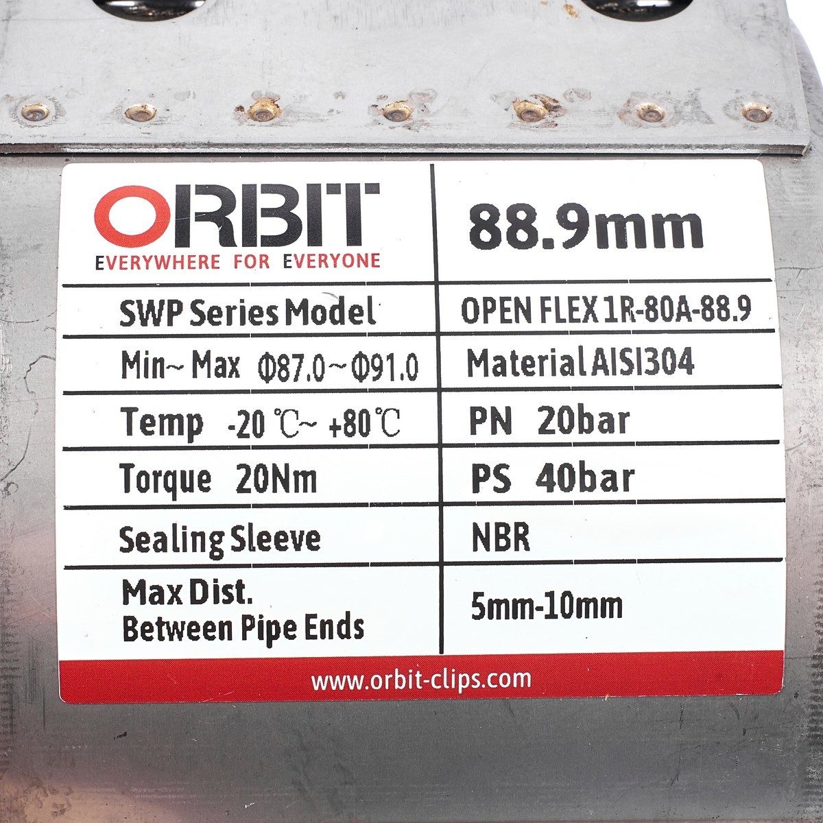 ORBIT แคลมป์ซ่อมท่อ ขนาด 88.9 มม. รุ่น SWP OPEN FLEX 1R วัสดุสเตนเลส AISI 304 ตัวล็อค 1 ชั้น (ออบิท)