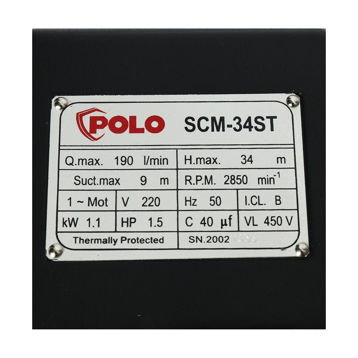 POLO ปั๊มหอยโข่งสแตนเลส รุ่น SCM-34ST มอเตอร์ 1.5 แรงม้า ขนาดท่อ 1-1/4 นิ้ว X 1 นิ้ว ปริมาณน้ำสูงสุด 190 ลิตร/นาที ส่งสูง 34 ม. (โปโล)