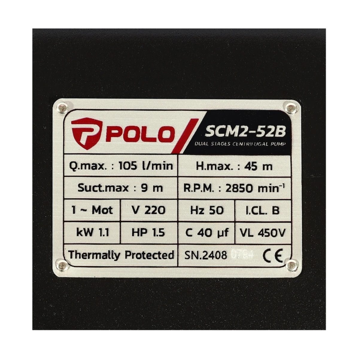POLO ปั๊มน้ำ 2 ใบพัด 1.5 แรงม้า ท่อ 1-1/4 X 1 นิ้ว รุ่น SCM2-52B ส่งสูงสุด 45 ม. ปริมาณน้ำสูงสุด 105 ลิตร/นาที (โปโล)