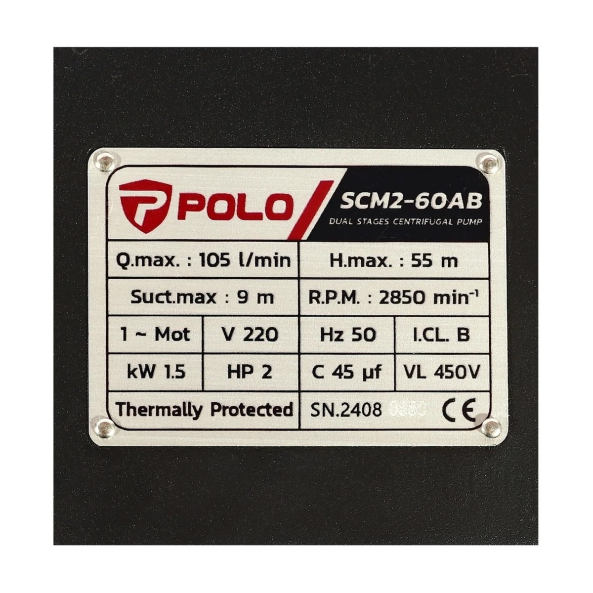 POLO ปั๊มน้ำ 2 ใบพัด 2 แรงม้า ท่อ 1-1/4 X 1 นิ้ว รุ่น SCM2-60AB ส่งสูงสุด 55 ม. ปริมาณน้ำสูงสุด 105 ลิตร/นาที (โปโล)