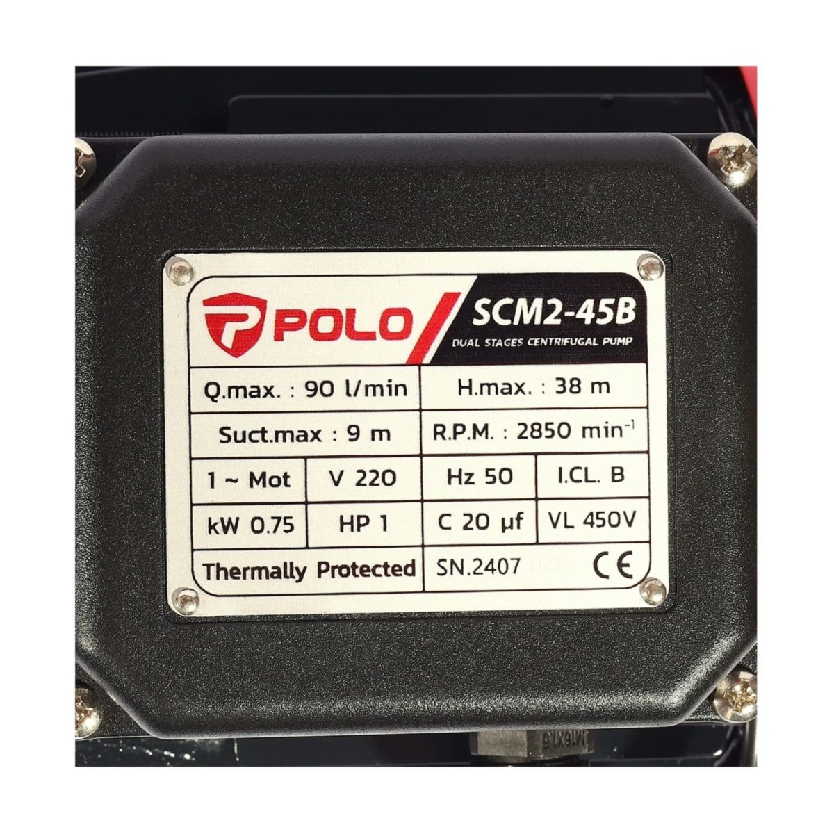 POLO ปั๊มน้ำ 2 ใบพัด 1 แรงม้า ท่อ 1 นิ้ว รุ่น SCM2-45B ส่งสูงสุด 38 ม. ปริมาณน้ำสูงสุด 90 ลิตร/นาที (โปโล)
