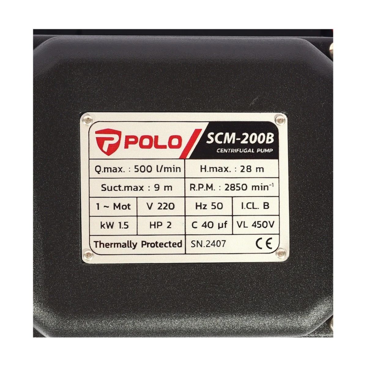 POLO ปั๊มหอยโข่ง 2 แรงม้า ท่อ 2 นิ้ว รุ่น SCM-200B ส่งสูงสุด 28 ม. ปริมาณน้ำสูงสุด 500 ลิตร/นาที (โปโล)