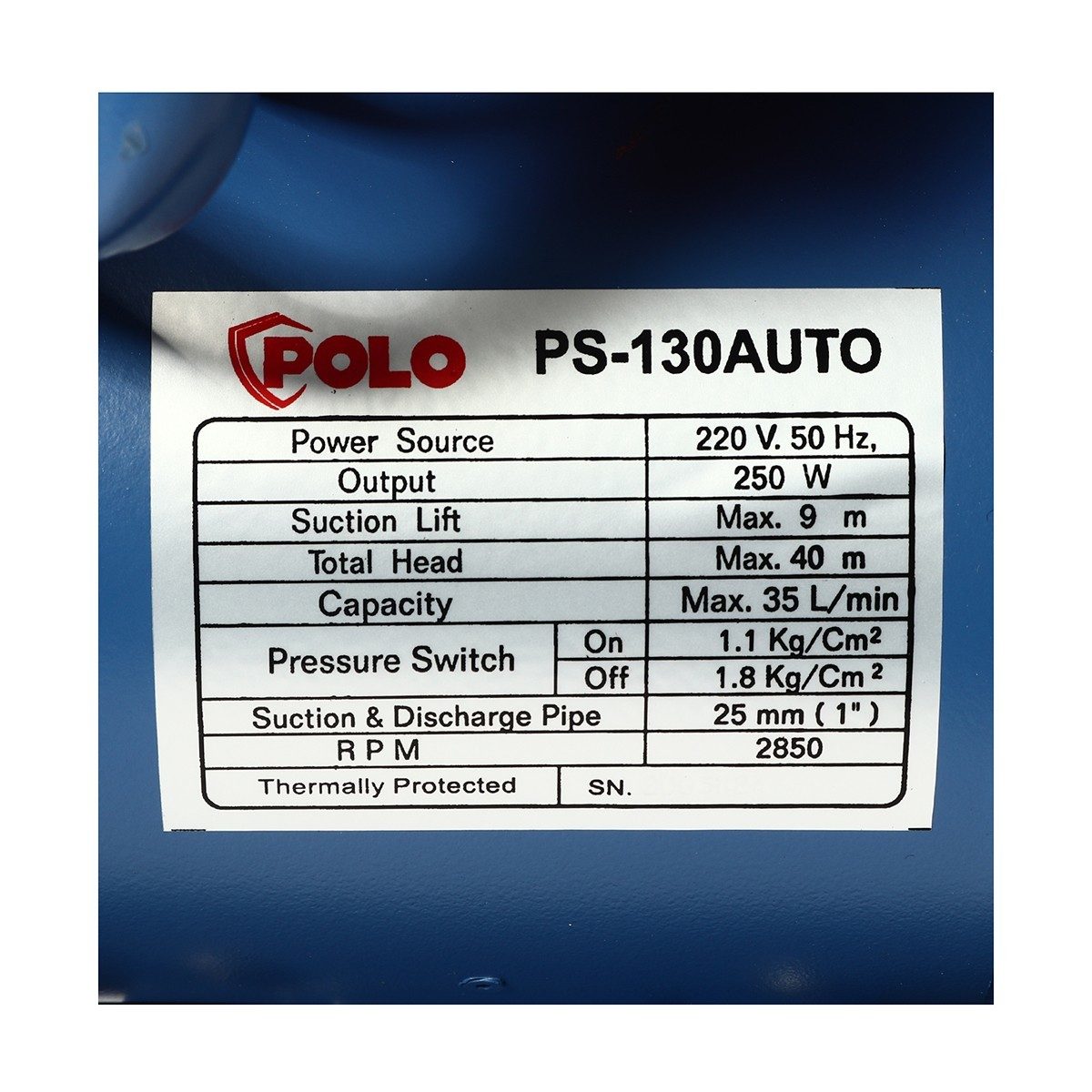 POLO ปั๊มน้ำอัตโนมัติ ดูดเอง 1/3 แรงม้า ขนาดท่อ 1 นิ้ว รุ่น PS-130AUTO ปริมาณน้ำสูงสุด 35 ลิตร/นาที ส่งสูง 40 ม. พร้อมสายไฟยาว 1.5 ม. (โปโล)