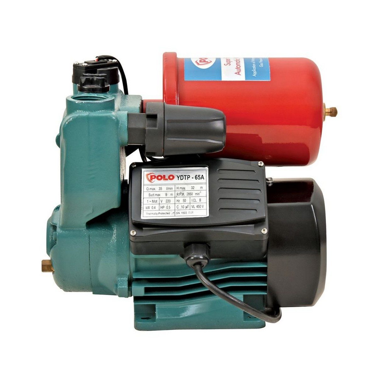POLO ปั๊มน้ำอัตโนมัติ พร้อม Flow Sensor 0.5 แรงม้า ขนาดท่อ 1 นิ้ว รุ่น YDTP-65A ปริมาณน้ำสูงสุด 35 ลิตร/นาที ส่งสูง 32 ม. มีระบบป้องกันน้ำแห