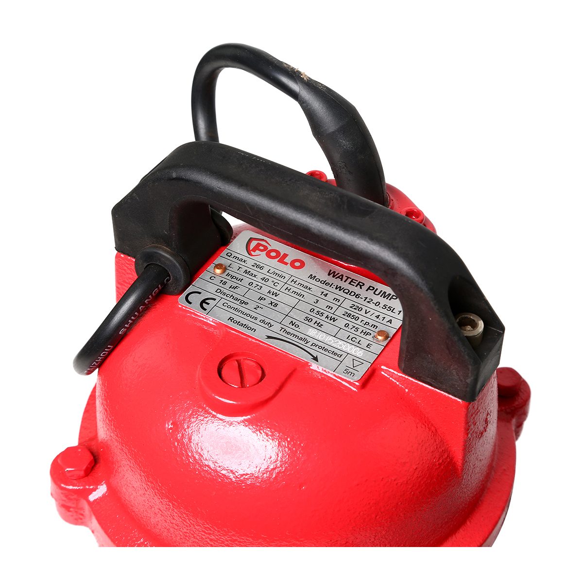 POLO ปั๊มจุ่มสำหรับน้ำเสีย ไม่มีลูกลอย 0.75 แรงม้า 220 โวลต์ รุ่น WQD6-12-0.55L1 ท่อออก 2 นิ้ว ส่งสูง 14 ม. ปริมาณน้ำ 266 ลิตร/นาที เหมาะกับ