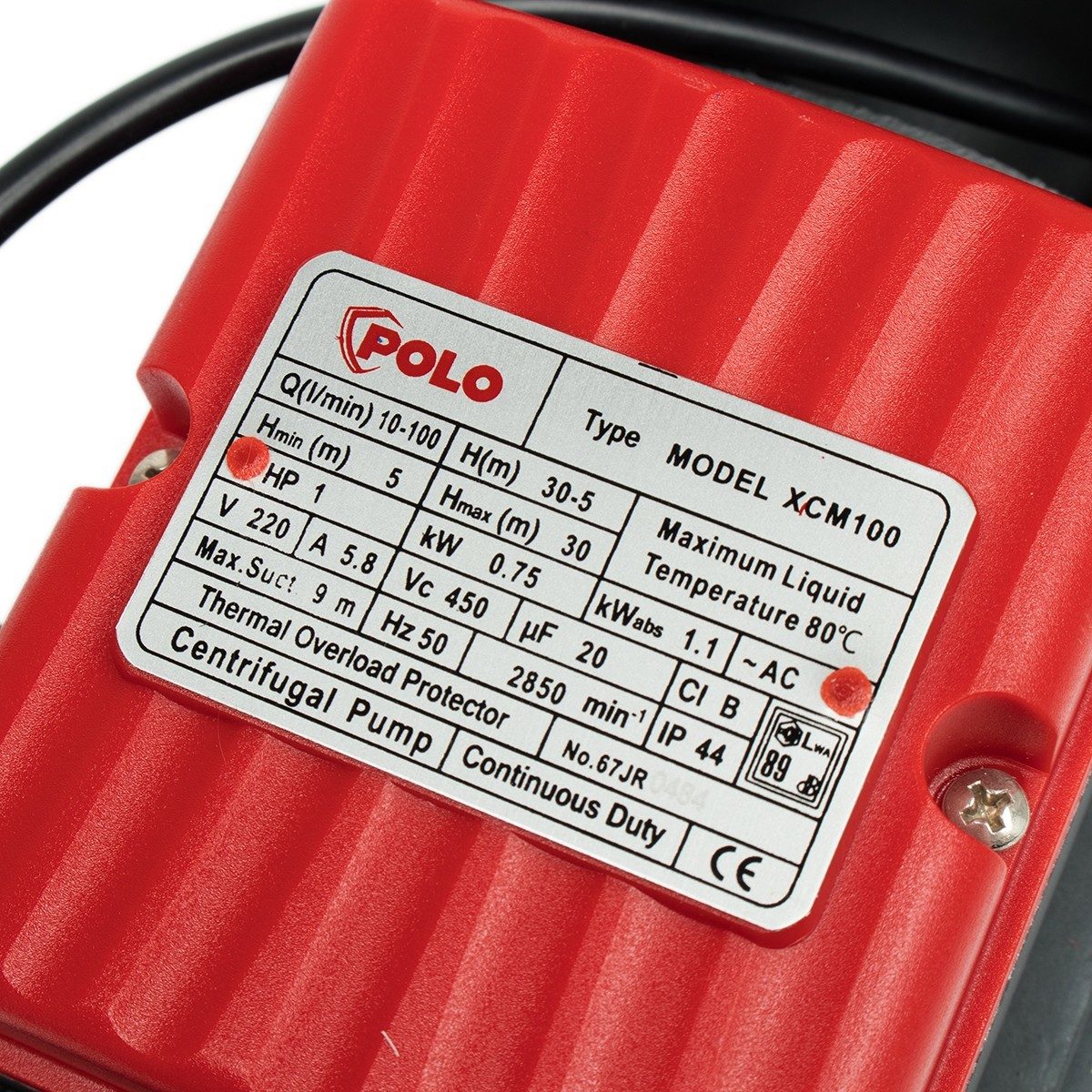 POLO (โปโล) ปั๊มหอยโข่ง 1HP รุ่น XCM100 ขนาดท่อ 1" X 1" อัตราการไหล 10-100 ลิตร/นาที ส่งสูง 30-5 ม.
