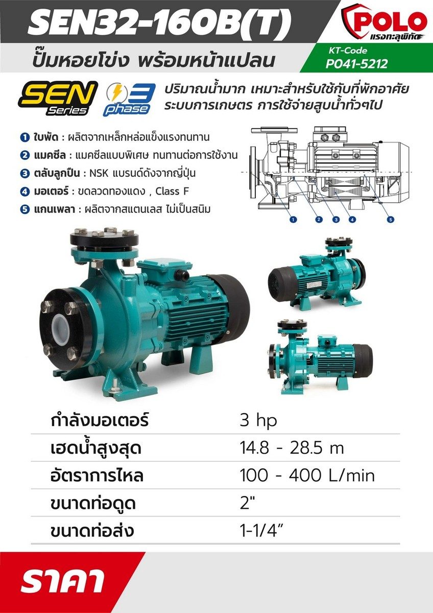 POLO ปั๊มหอยโข่งหน้าแปลน 3 แรงม้า 380 โวลต์ รุ่น SEN32-160B(T) ปริมาณน้ำสูงสุด 100 - 400 ลิตร/นาที ส่งสูง 14.8 - 28.5 ม. ขนาดท่อ 2 นิ้ว X 1-