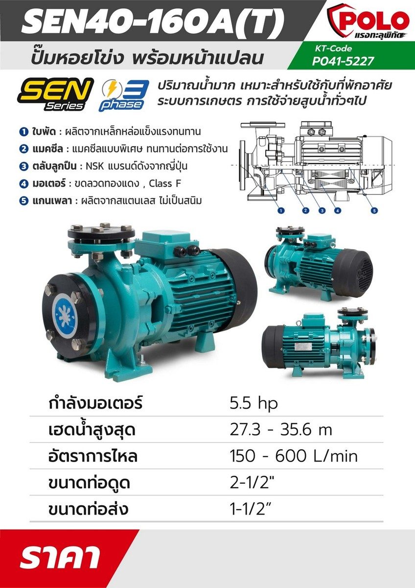 POLO ปั๊มหอยโข่งหน้าแปลน 5.5 แรงม้า 380 โวลต์ รุ่น SEN40-160A(T) ปริมาณน้ำสูงสุด 150-600 ลิตร/นาที ส่งสูง 27.3 - 35.6 ม. ขนาดท่อ 2-1/2 นิ้ว 