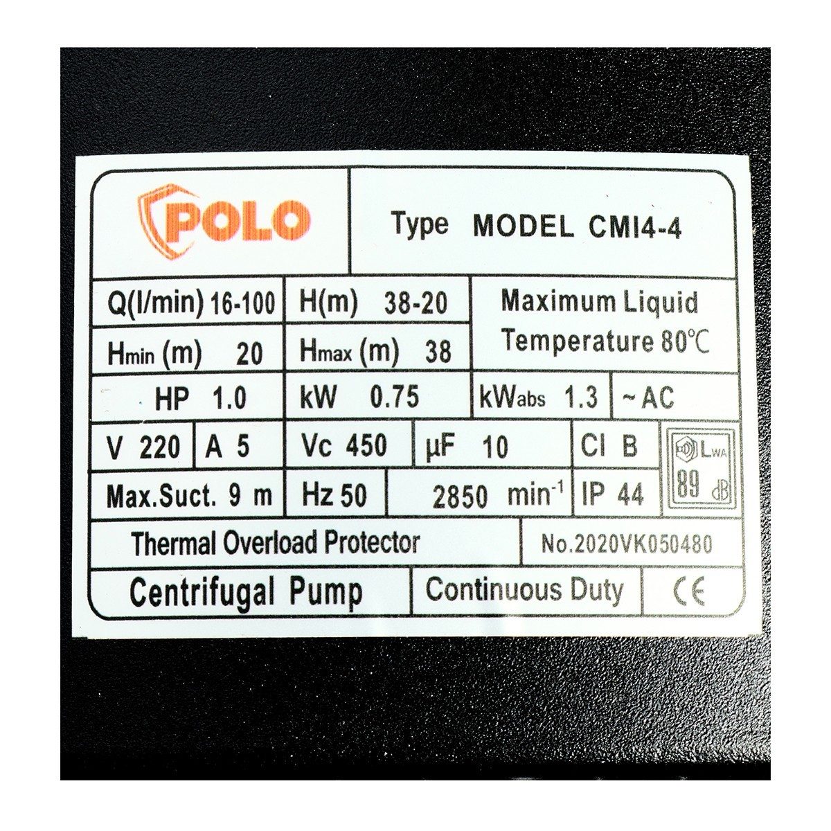 POLO ปั๊มน้ำสแตนเลสหลายใบพัด 1 แรงม้า ไฟ 4 ใบพัด ดูดลึก 9 ม. รุ่น CMI4-4 ส่งสูง 20 - 38 ม. ปริมาณน้ำ 16 - 100 ลิตร/นาที ท่อดูด 1-1/4 นิ้ว ท่