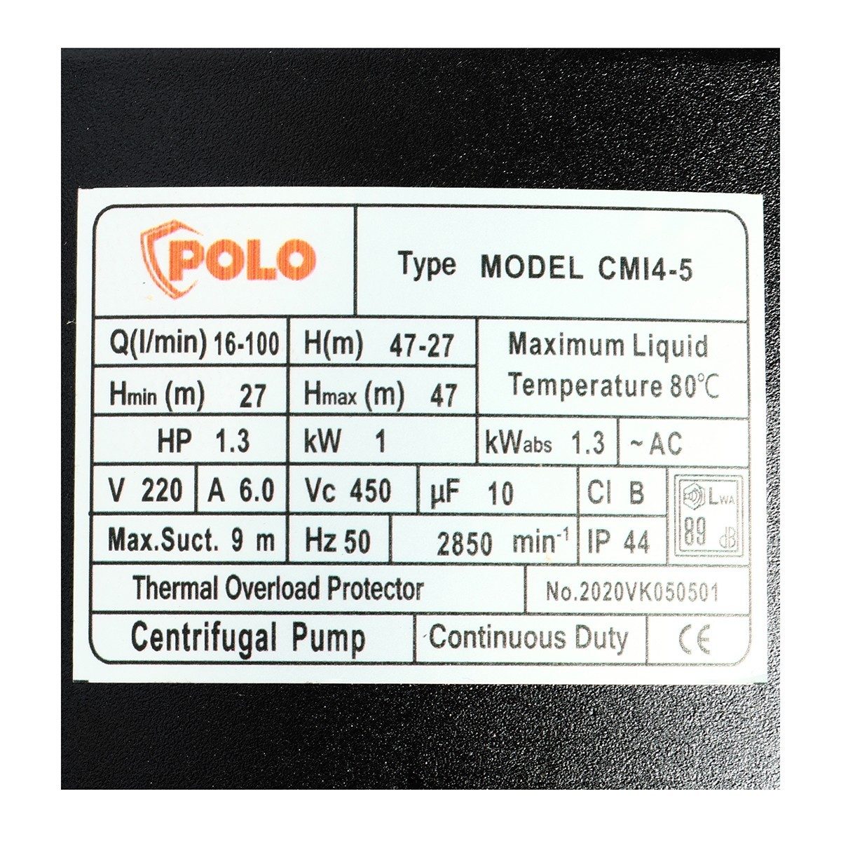 POLO ปั๊มน้ำสแตนเลสหลายใบพัด 1.3 แรงม้า ไฟ 5 ใบพัด ดูดลึก 9 ม. รุ่น CMI4-5 ส่งสูง 27 - 47 ม. ปริมาณน้ำ 16 - 100 ลิตร/นาที ท่อดูด 1-1/4 นิ้ว 