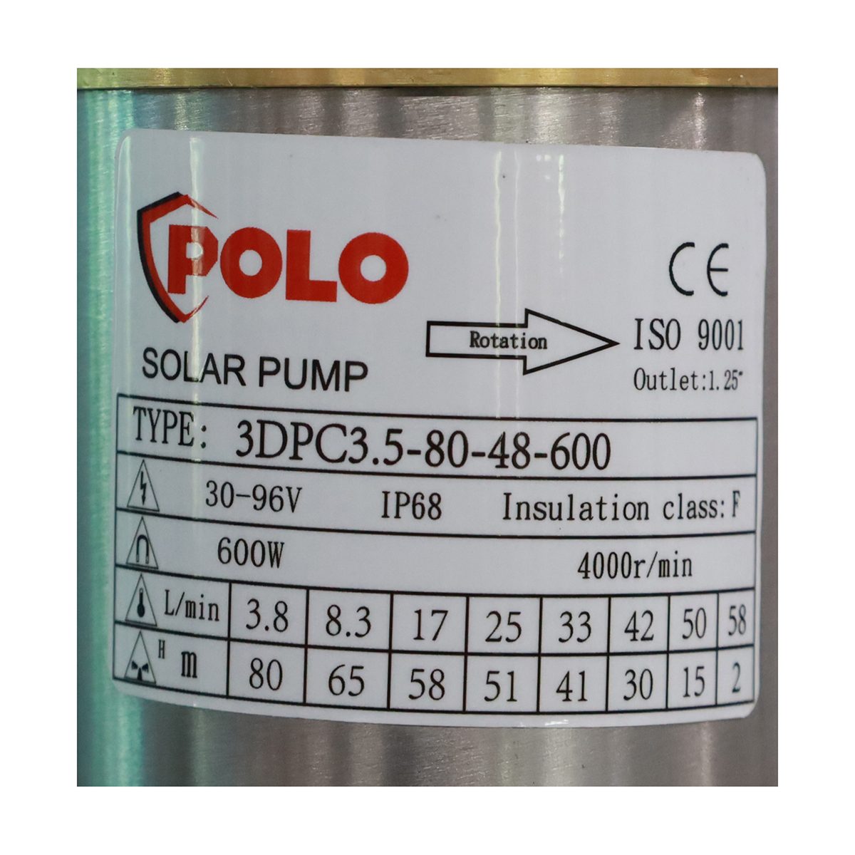 POLO ปั๊มบาดาล โซล่าเซลล์ DC ขนาด 3 นิ้ว รุ่น 3DPC3.5-80-48-600 กำลังไฟ 600 วัตต์ แรงดันไฟ 72 โวลต์ ปริมาณน้ำสูงสุด 3.5 ลบ.ม./ชม. ส่งสูง 80 