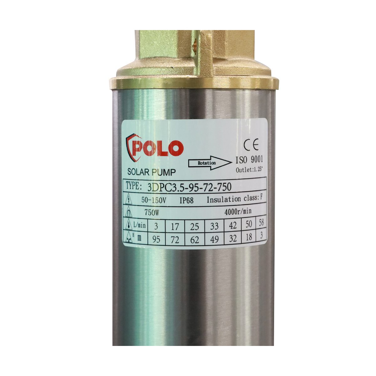POLO ปั๊มบาดาล โซล่าเซลล์ DC ขนาด 3 นิ้ว รุ่น 3DPC3.5-95-72-750 กำลังไฟ 750 วัตต์ แรงดันไฟ 72 โวลต์ ปริมาณน้ำสูงสุด 3.5 ลบ.ม./ชม. ส่งสูง 95 