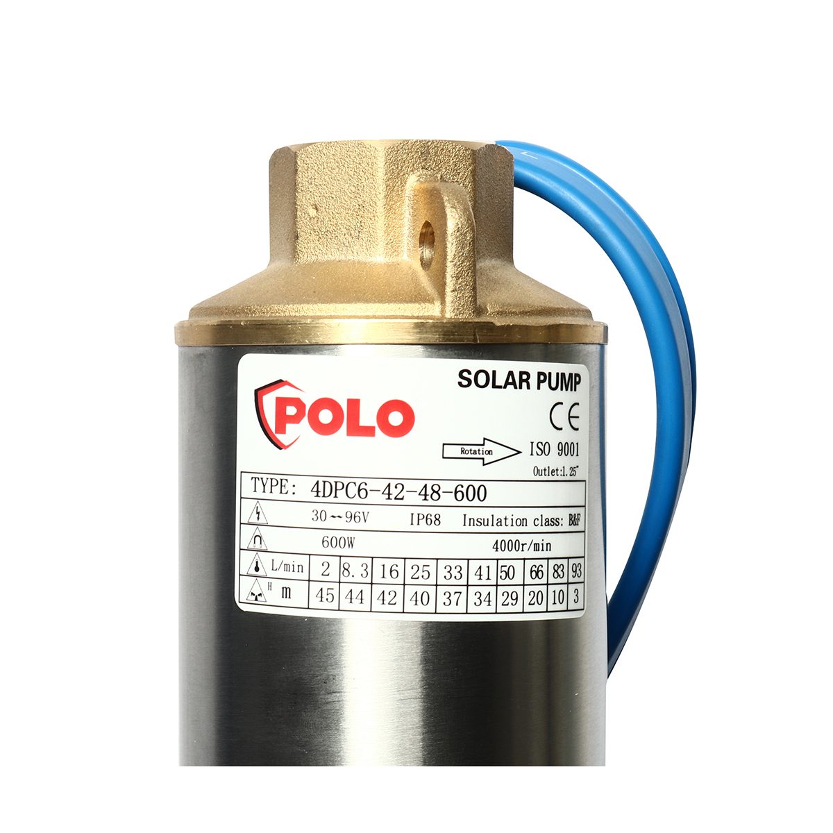 ปั๊มซับเมิร์ส DC บัสเลสโซล่าเซลล์ POLO รุ่น 4DPC6-42-48-600 ขนาด 4 นิ้ว กำลังไฟ 600 วัตต์ แรงดันไฟ 48 โวลต์ ส่งสูง 42 เมตร ปริมาณน้ำสูงสุด 6