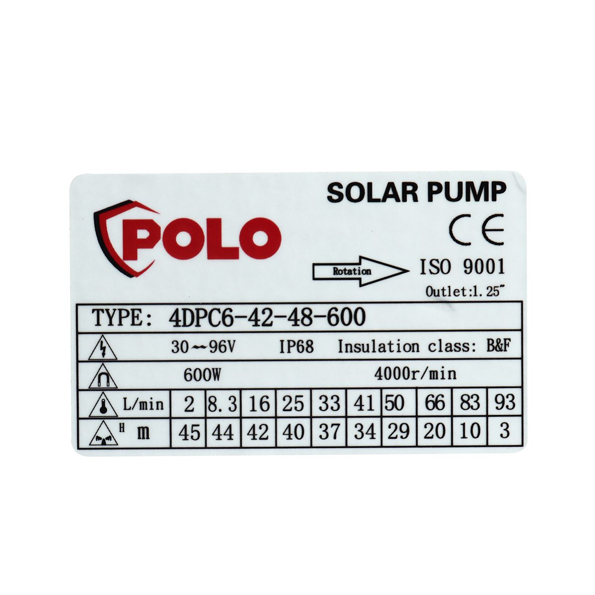 ปั๊มซับเมิร์ส DC บัสเลสโซล่าเซลล์ POLO รุ่น 4DPC6-42-48-600 ขนาด 4 นิ้ว กำลังไฟ 600 วัตต์ แรงดันไฟ 48 โวลต์ ส่งสูง 42 เมตร ปริมาณน้ำสูงสุด 6