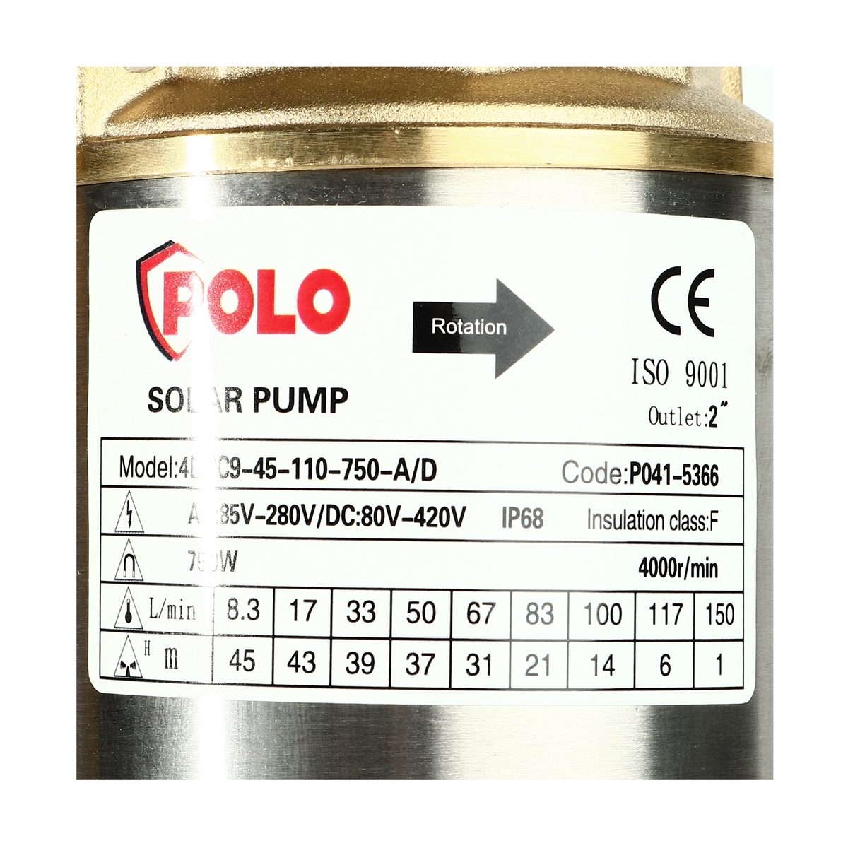 POLO (โปโล) ชุดปั๊มบาดาลโซล่า AC/DC Hybrid 4" รุ่น 4DPC9-45-110-750-A/D กำลังมอเตอร์ 750 วัตต์ ขนาดท่อส่งออก 2 นิ้ว (ใช้ได้ทั้งระบบไฟฟ้าและโ