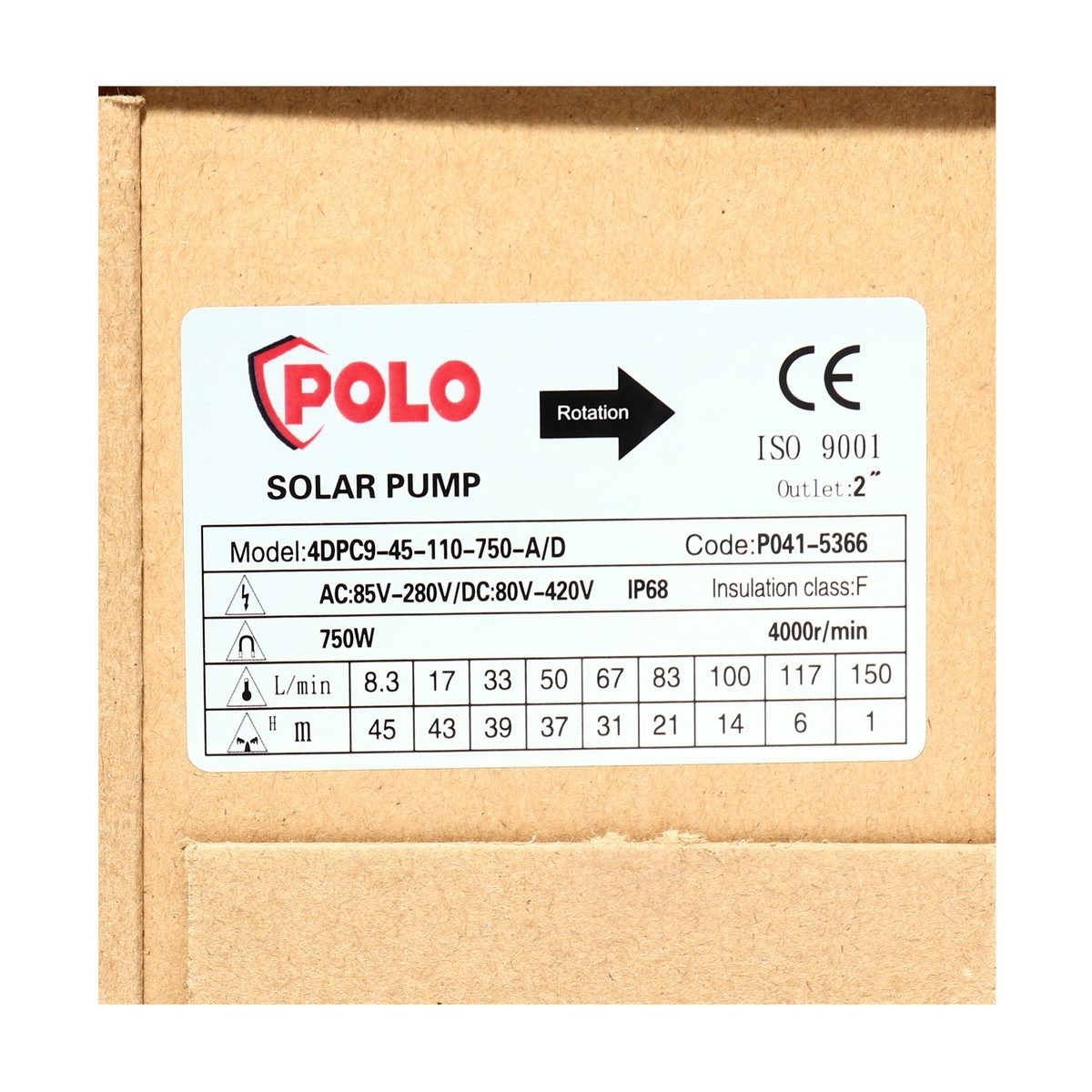 POLO (โปโล) ชุดปั๊มบาดาลโซล่า AC/DC Hybrid 4" รุ่น 4DPC9-45-110-750-A/D กำลังมอเตอร์ 750 วัตต์ ขนาดท่อส่งออก 2 นิ้ว (ใช้ได้ทั้งระบบไฟฟ้าและโ
