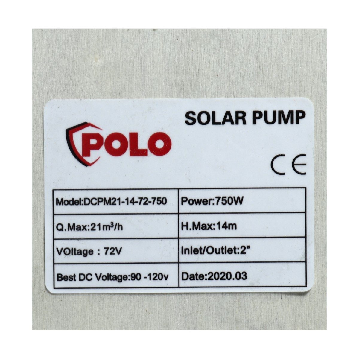 ปั๊มน้ำหอยโข่ง DC บัสเลสโซล่าเซลล์ POLO รุ่น DCPM21-14-72-750 กำลังไฟ 750 วัตต์ แรงดันไฟ 72 โวลต์ ส่งสูง 14 เมตร ปริมาณน้ำสูงสุด 21 คิว / ชม