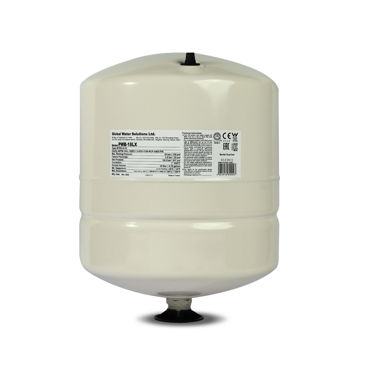 PRESSURE WAVE (เพรสเชอร์ เวฟ) ถังแรงดันไดอะแฟรม 18 ลิตร รุ่น PWB-18LX มาตรฐานอเมริกา เหมาะสำหรับระบบเพิ่มแรงดัน ใช้เก็บกักน้ำที่มีอุณหภูมิสู