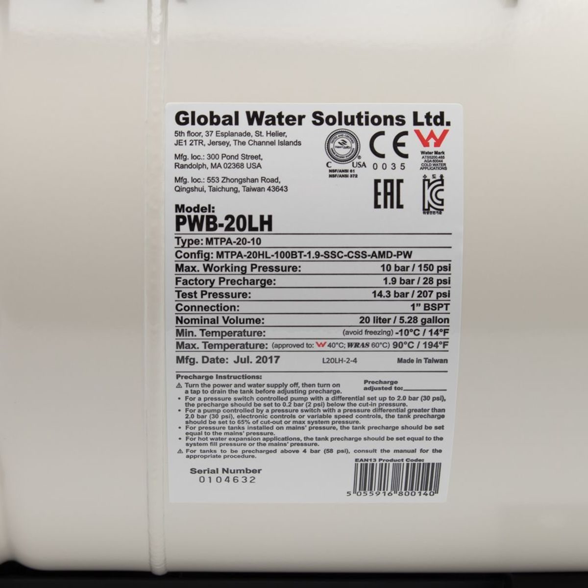 PRESSURE WAVE (เพรสเชอร์ เวฟ) ถังแรงดันไดอะแฟรม 20 ลิตร แนวนอน พร้อมฐาน รุ่น PWB-20LH มาตรฐานอเมริกา เหมาะสำหรับระบบเพิ่มแรงดัน ใช้เก็บกักน้
