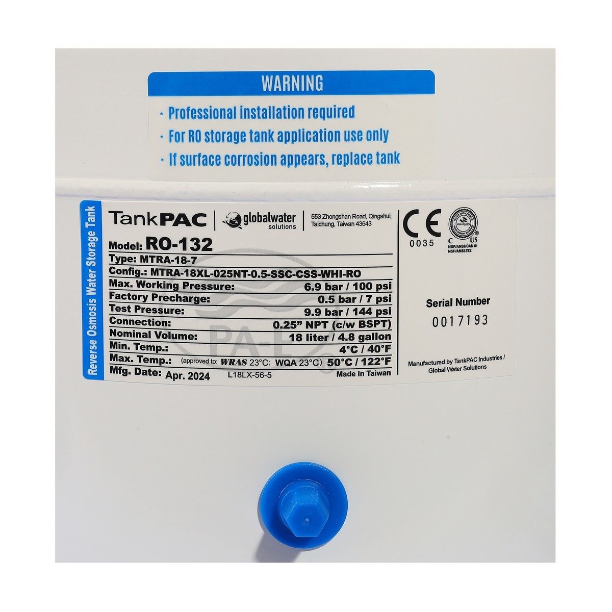 PRESSURE WAVE ถังแรงดันไดอะแฟรม 18 ลิตร 7 บาร์ รุ่น RO-132 สำหรับระบบ RO เหมาะสำหรับใช้ในครัวเรือนหรือเชิงพาณิชย์ขนาดเล็ก (เพรสเชอร์ เวฟ)