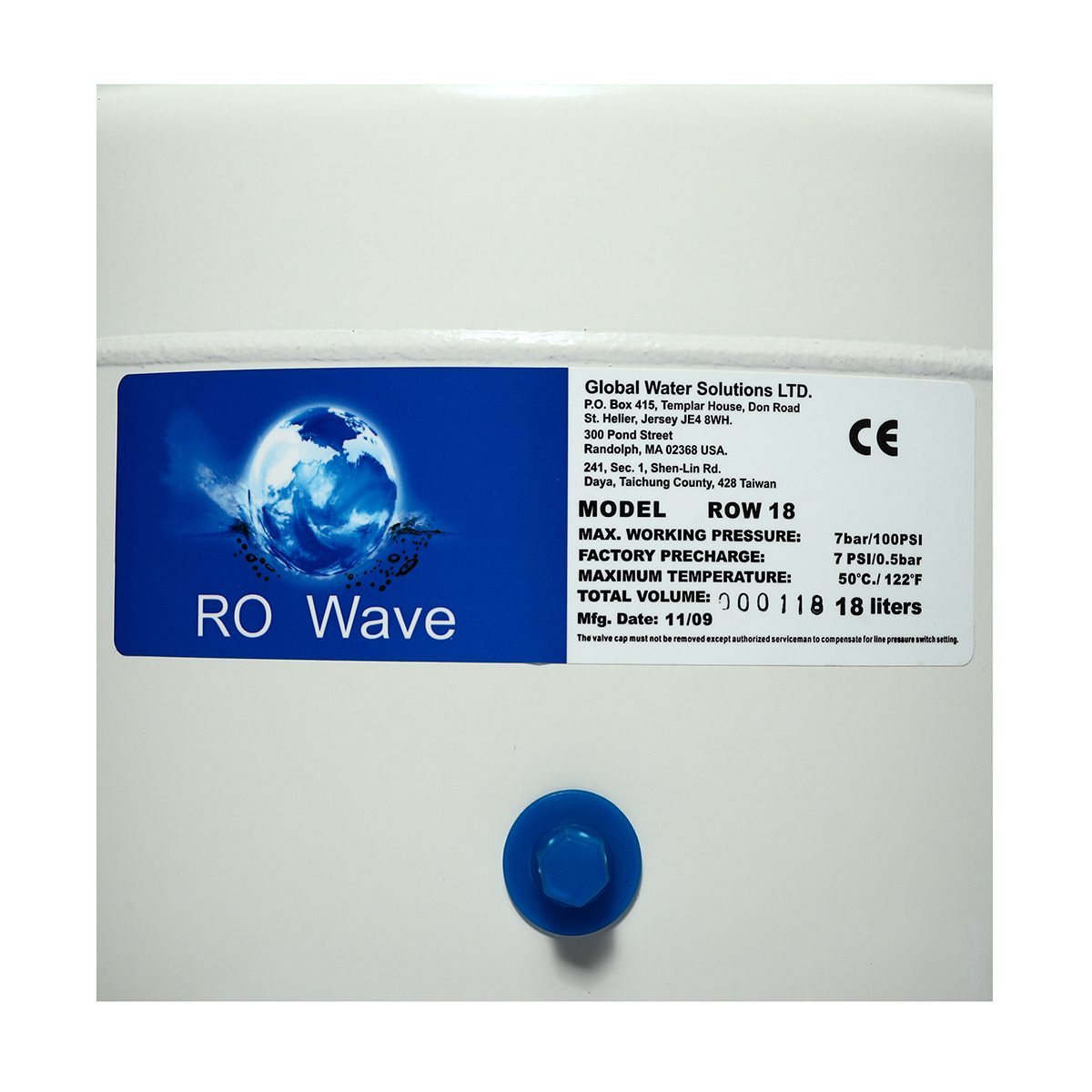 PRESSURE WAVE (เพรสเชอร์ เวฟ) ถังแรงดันไดอะแฟรมออสโมซิส 18 ลิตร สำหรับระบบ RO รุ่น ROW-18 มาตรฐานอเมริกา เหมาะสำหรับการใช้งานภายใน แบบเบา หร