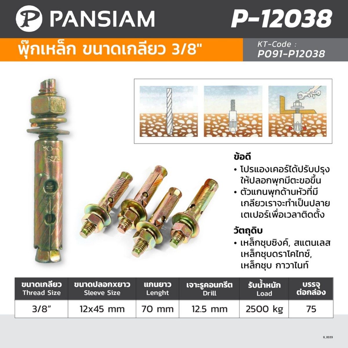 PANSIAM (แพนสยาม) พุกเหล็ก ขนาดเกลียว 3/8 นิ้ว รุ่น P-12038 (บรรจุ 75 ชิ้น/กล่อง)