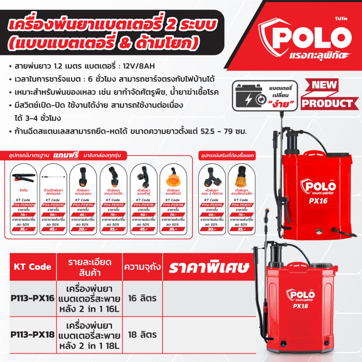 POLO เครื่องพ่นยาแบตเตอรี่ 2IN1สะพายหลัง 12V ขนาด 18 ลิตร รุ่น PX18 สายพ่นยายาว 1.2 ม. ชาร์จแบต 6 ชม. ใช้งานต่อเนื่อง 3 - 4 ชม. ชาร์จตรงกับไ