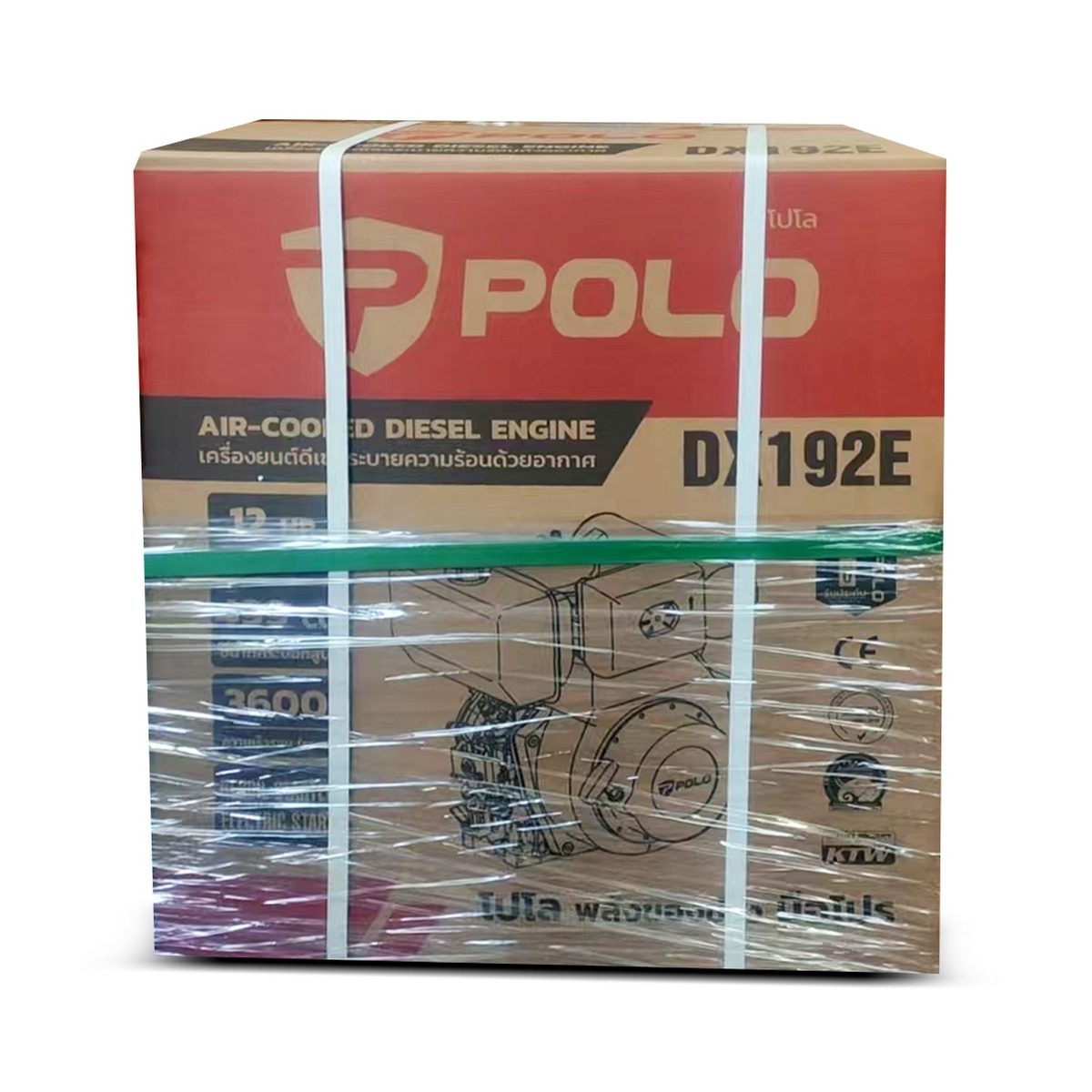POLO เครื่องยนต์ดีเซลสตาร์ทไฟฟ้า 12.0 แรงม้า รุ่น DX192E กระบอกสูบ 499 ซีซี ความเร็วรอบ 3,600 รอบ/นาที ความจุถังน้ำมันเชื้อเพลิง 5.5 ลิตร (โ