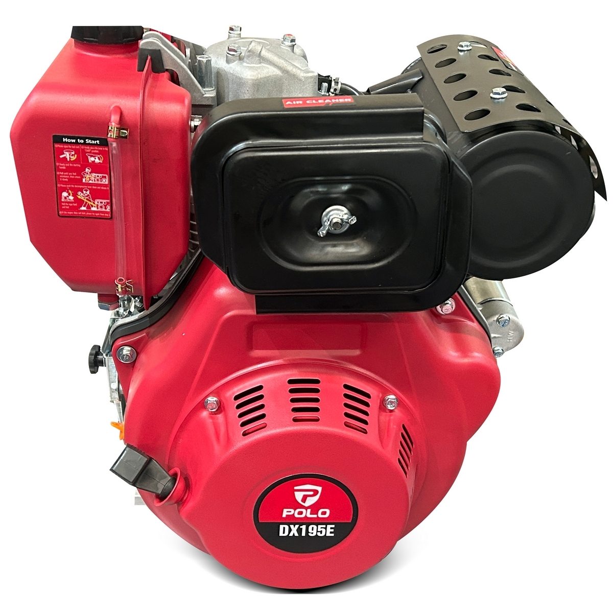 POLO เครื่องยนต์ดีเซลสตาร์ทไฟฟ้า 13.0 แรงม้า รุ่น DX195E กระบอกสูบ 532 ซีซี ความเร็วรอบ 3,600 รอบ/นาที ความจุถังน้ำมันเชื้อเพลิง 5.5 ลิตร (โ
